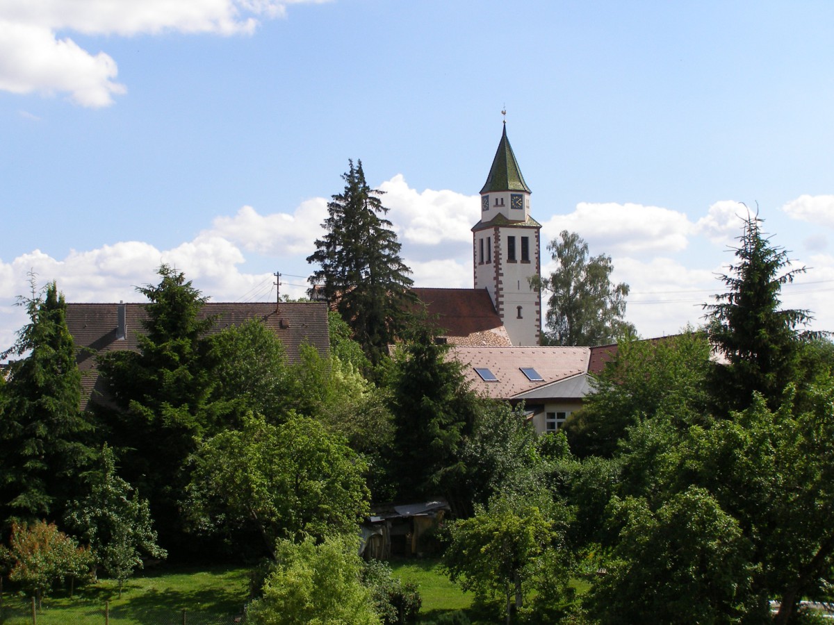 White church with high green roof, surrounded by dense coniferous and deciduous trees against blue summer sky with white clouds.